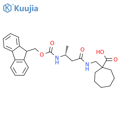 1-{(3R)-3-({(9H-fluoren-9-yl)methoxycarbonyl}amino)butanamidomethyl}cycloheptane-1-carboxylic acid structure