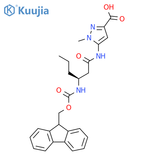 5-(3S)-3-({(9H-fluoren-9-yl)methoxycarbonyl}amino)hexanamido-1-methyl-1H-pyrazole-3-carboxylic acid structure