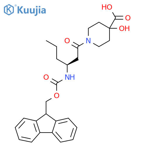 1-(3S)-3-({(9H-fluoren-9-yl)methoxycarbonyl}amino)hexanoyl-4-hydroxypiperidine-4-carboxylic acid structure