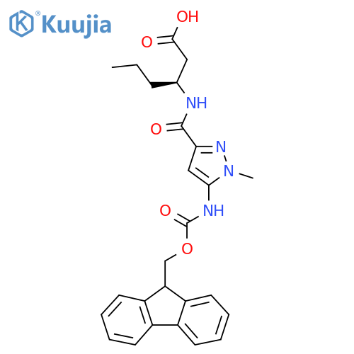 (3S)-3-{5-({(9H-fluoren-9-yl)methoxycarbonyl}amino)-1-methyl-1H-pyrazol-3-ylformamido}hexanoic acid structure