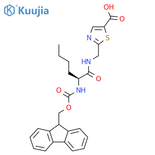 2-{(2S)-2-({(9H-fluoren-9-yl)methoxycarbonyl}amino)hexanamidomethyl}-1,3-thiazole-5-carboxylic acid structure