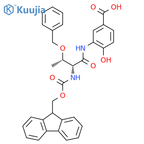 3-(2R,3S)-3-(benzyloxy)-2-({(9H-fluoren-9-yl)methoxycarbonyl}amino)butanamido-4-hydroxybenzoic acid structure