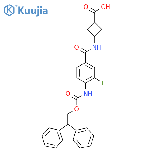 (1s,3s)-3-4-({(9H-fluoren-9-yl)methoxycarbonyl}amino)-3-fluorobenzamidocyclobutane-1-carboxylic acid structure