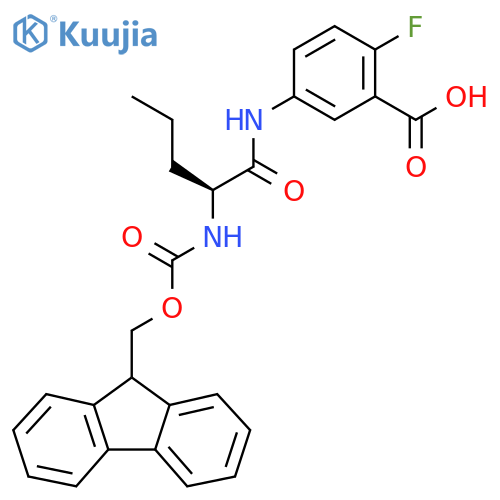 5-(2S)-2-({(9H-fluoren-9-yl)methoxycarbonyl}amino)pentanamido-2-fluorobenzoic acid structure