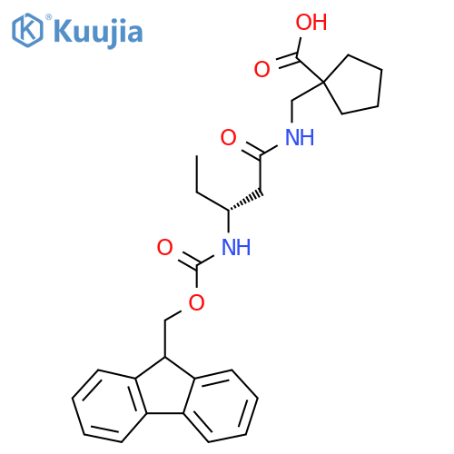 1-{(3R)-3-({(9H-fluoren-9-yl)methoxycarbonyl}amino)pentanamidomethyl}cyclopentane-1-carboxylic acid structure