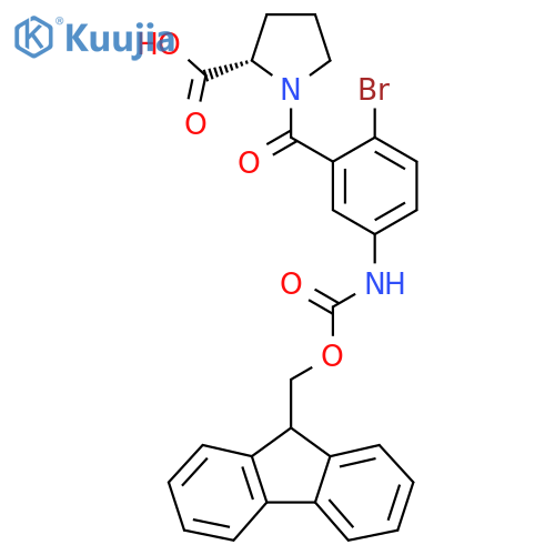 (2S)-1-2-bromo-5-({(9H-fluoren-9-yl)methoxycarbonyl}amino)benzoylpyrrolidine-2-carboxylic acid structure