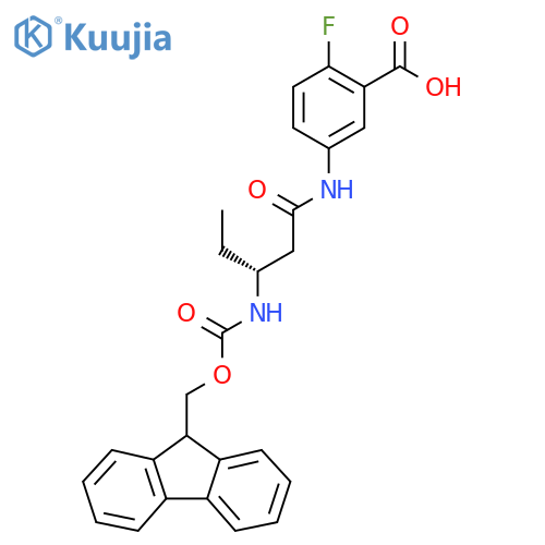 5-(3R)-3-({(9H-fluoren-9-yl)methoxycarbonyl}amino)pentanamido-2-fluorobenzoic acid structure