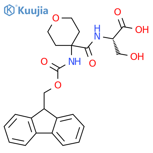 (2S)-2-{4-({(9H-fluoren-9-yl)methoxycarbonyl}amino)oxan-4-ylformamido}-3-hydroxypropanoic acid structure