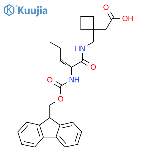 2-(1-{(2R)-2-({(9H-fluoren-9-yl)methoxycarbonyl}amino)pentanamidomethyl}cyclobutyl)acetic acid structure
