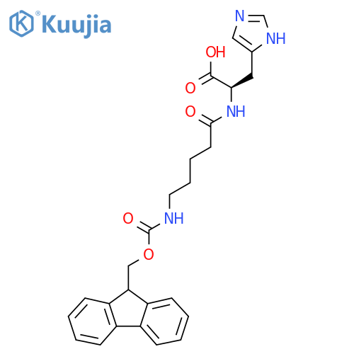 (2R)-2-5-({(9H-fluoren-9-yl)methoxycarbonyl}amino)pentanamido-3-(1H-imidazol-4-yl)propanoic acid structure