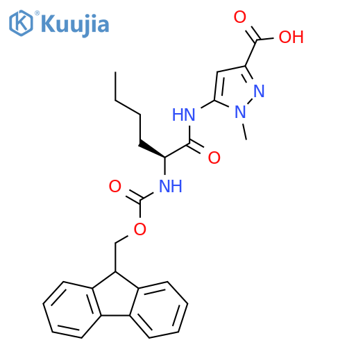 5-(2S)-2-({(9H-fluoren-9-yl)methoxycarbonyl}amino)hexanamido-1-methyl-1H-pyrazole-3-carboxylic acid structure