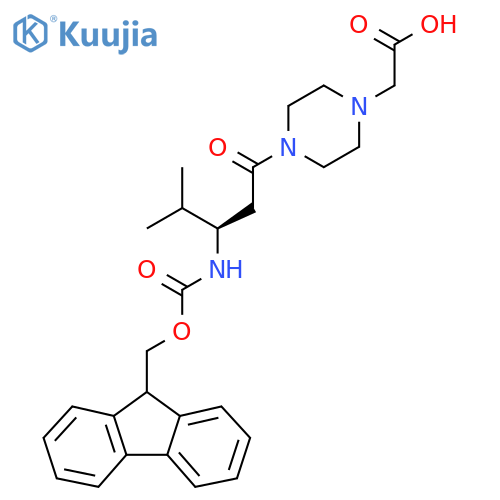 2-{4-(3R)-3-({(9H-fluoren-9-yl)methoxycarbonyl}amino)-4-methylpentanoylpiperazin-1-yl}acetic acid structure