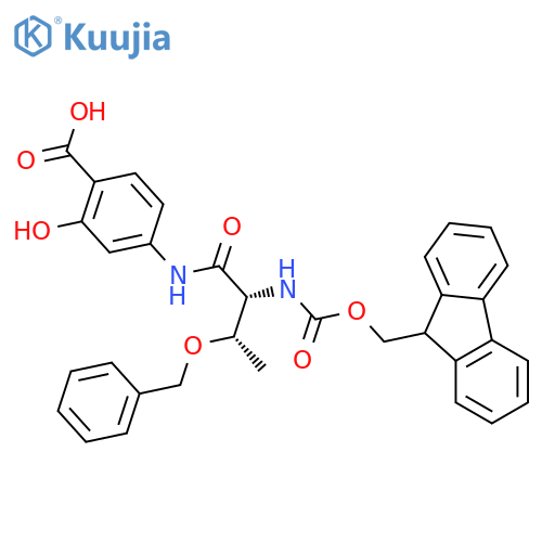 4-(2R,3S)-3-(benzyloxy)-2-({(9H-fluoren-9-yl)methoxycarbonyl}amino)butanamido-2-hydroxybenzoic acid structure