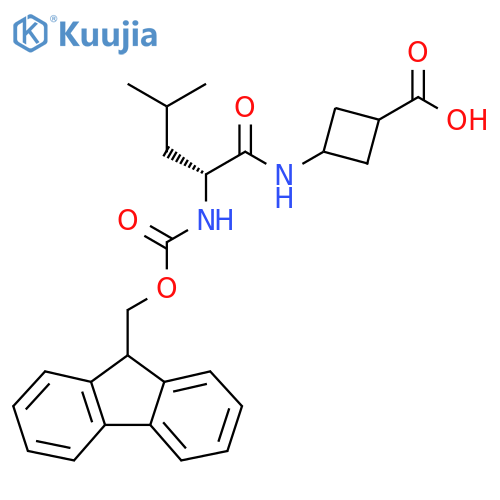 3-(2R)-2-({(9H-fluoren-9-yl)methoxycarbonyl}amino)-4-methylpentanamidocyclobutane-1-carboxylic acid structure