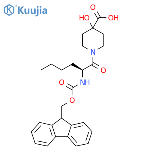 1-(2S)-2-({(9H-fluoren-9-yl)methoxycarbonyl}amino)hexanoyl-4-hydroxypiperidine-4-carboxylic acid structure