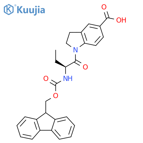1-(2S)-2-({(9H-fluoren-9-yl)methoxycarbonyl}amino)butanoyl-2,3-dihydro-1H-indole-5-carboxylic acid structure