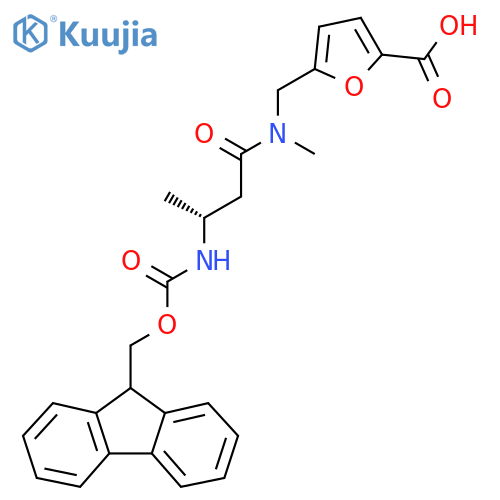 5-{(3R)-3-({(9H-fluoren-9-yl)methoxycarbonyl}amino)-N-methylbutanamidomethyl}furan-2-carboxylic acid structure