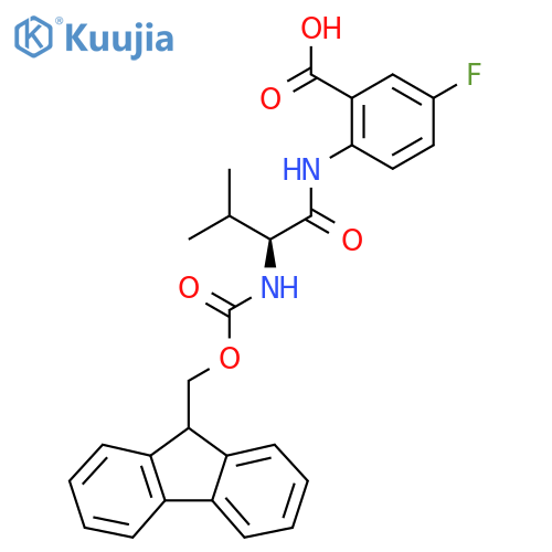 2-(2S)-2-({(9H-fluoren-9-yl)methoxycarbonyl}amino)-3-methylbutanamido-5-fluorobenzoic acid structure