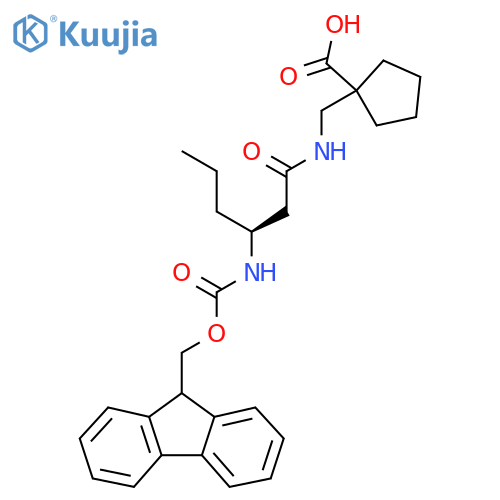 1-{(3S)-3-({(9H-fluoren-9-yl)methoxycarbonyl}amino)hexanamidomethyl}cyclopentane-1-carboxylic acid structure