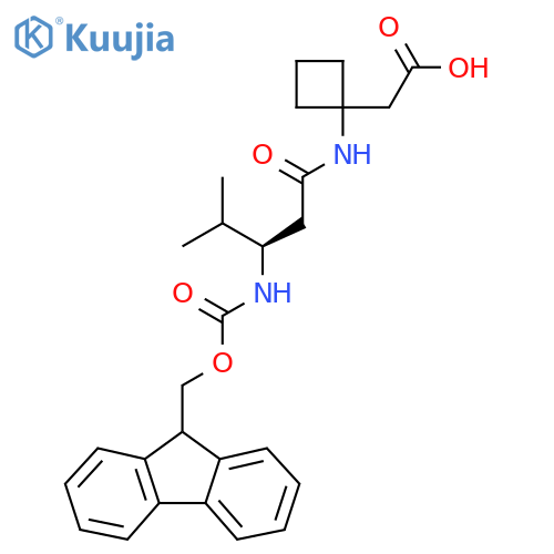 2-{1-(3R)-3-({(9H-fluoren-9-yl)methoxycarbonyl}amino)-4-methylpentanamidocyclobutyl}acetic acid structure