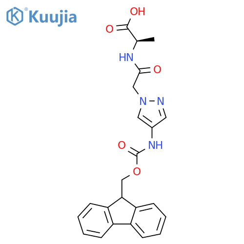 (2R)-2-{2-4-({(9H-fluoren-9-yl)methoxycarbonyl}amino)-1H-pyrazol-1-ylacetamido}propanoic acid structure