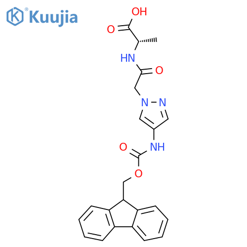 (2S)-2-{2-4-({(9H-fluoren-9-yl)methoxycarbonyl}amino)-1H-pyrazol-1-ylacetamido}propanoic acid structure