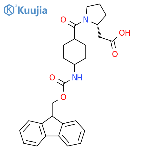 2-(2R)-1-4-({(9H-fluoren-9-yl)methoxycarbonyl}amino)cyclohexanecarbonylpyrrolidin-2-ylacetic acid structure