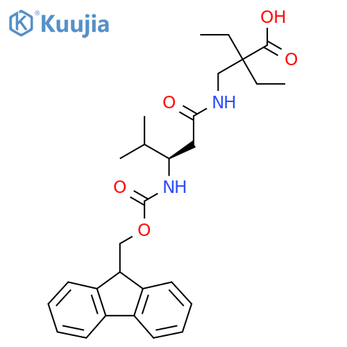 2-ethyl-2-{(3R)-3-({(9H-fluoren-9-yl)methoxycarbonyl}amino)-4-methylpentanamidomethyl}butanoic acid structure