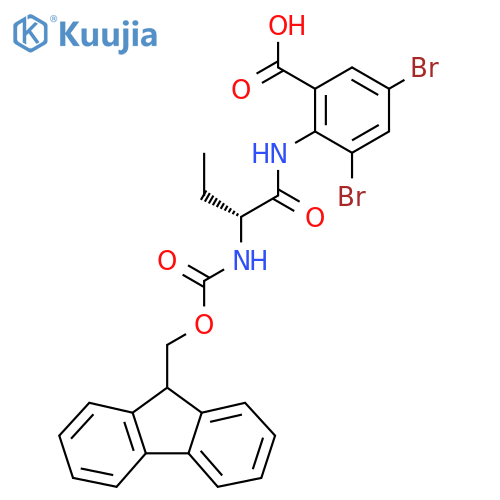 3,5-dibromo-2-(2R)-2-({(9H-fluoren-9-yl)methoxycarbonyl}amino)butanamidobenzoic acid structure