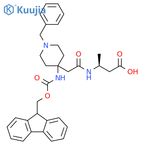 (3S)-3-{2-1-benzyl-4-({(9H-fluoren-9-yl)methoxycarbonyl}amino)piperidin-4-ylacetamido}butanoic acid structure