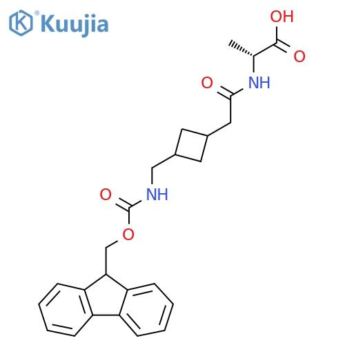 (2R)-2-(2-{3-({(9H-fluoren-9-yl)methoxycarbonyl}amino)methylcyclobutyl}acetamido)propanoic acid structure