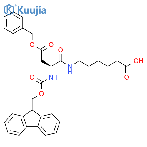 6-(2S)-3-(benzyl carboxy)-2-({(9H-fluoren-9-yl)methoxycarbonyl}amino)propanamidohexanoic acid structure