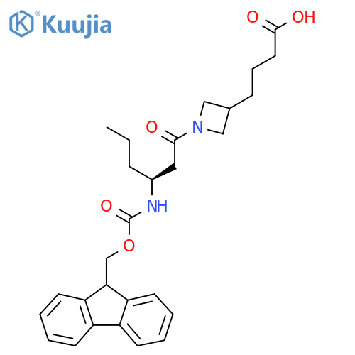 4-{1-(3S)-3-({(9H-fluoren-9-yl)methoxycarbonyl}amino)hexanoylazetidin-3-yl}butanoic acid structure