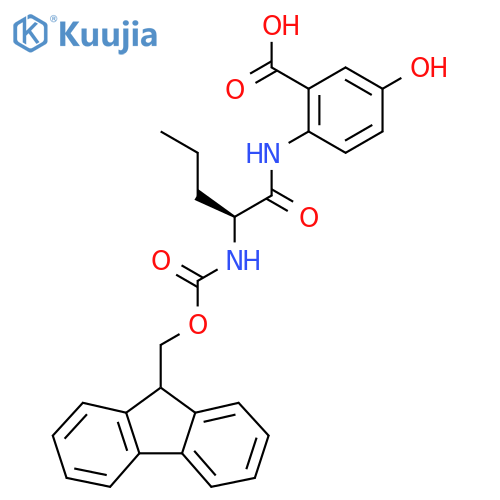 2-(2S)-2-({(9H-fluoren-9-yl)methoxycarbonyl}amino)pentanamido-5-hydroxybenzoic acid structure