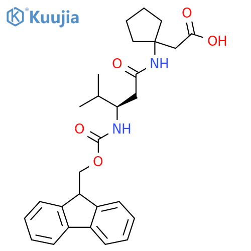 2-{1-(3R)-3-({(9H-fluoren-9-yl)methoxycarbonyl}amino)-4-methylpentanamidocyclopentyl}acetic acid structure