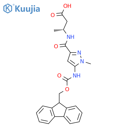 (3R)-3-{5-({(9H-fluoren-9-yl)methoxycarbonyl}amino)-1-methyl-1H-pyrazol-3-ylformamido}butanoic acid structure
