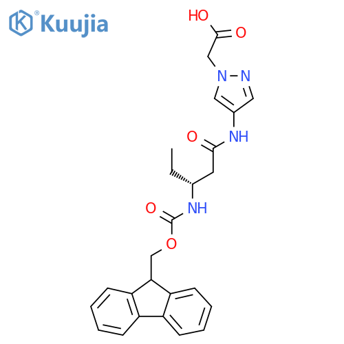 2-{4-(3R)-3-({(9H-fluoren-9-yl)methoxycarbonyl}amino)pentanamido-1H-pyrazol-1-yl}acetic acid structure