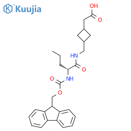 2-(3-{(2R)-2-({(9H-fluoren-9-yl)methoxycarbonyl}amino)pentanamidomethyl}cyclobutyl)acetic acid structure