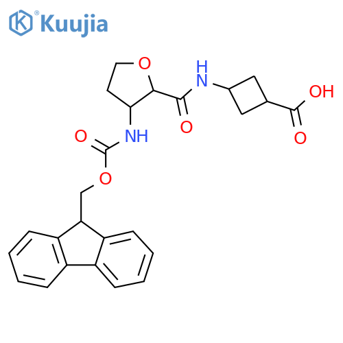 (1r,3r)-3-3-({(9H-fluoren-9-yl)methoxycarbonyl}amino)oxolane-2-amidocyclobutane-1-carboxylic acid structure