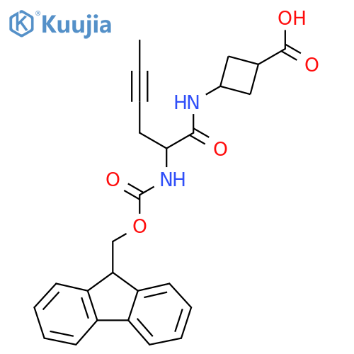 (1r,3r)-3-2-({(9H-fluoren-9-yl)methoxycarbonyl}amino)hex-4-ynamidocyclobutane-1-carboxylic acid structure