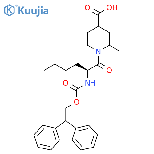 1-(2S)-2-({(9H-fluoren-9-yl)methoxycarbonyl}amino)hexanoyl-2-methylpiperidine-4-carboxylic acid structure