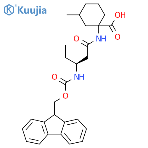 1-(3S)-3-({(9H-fluoren-9-yl)methoxycarbonyl}amino)pentanamido-3-methylcyclohexane-1-carboxylic acid structure