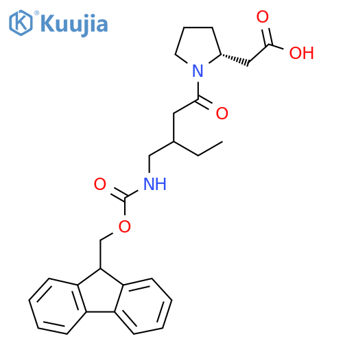 2-(2R)-1-{3-({(9H-fluoren-9-yl)methoxycarbonyl}amino)methylpentanoyl}pyrrolidin-2-ylacetic acid structure
