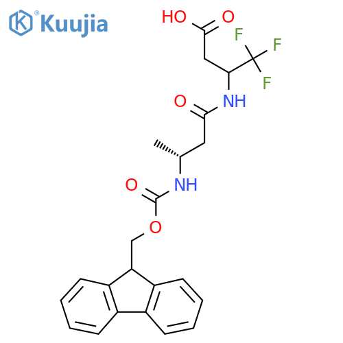 3-(3R)-3-({(9H-fluoren-9-yl)methoxycarbonyl}amino)butanamido-4,4,4-trifluorobutanoic acid structure
