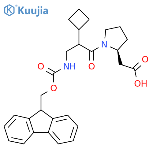 2-(2S)-1-2-cyclobutyl-3-({(9H-fluoren-9-yl)methoxycarbonyl}amino)propanoylpyrrolidin-2-ylacetic acid structure