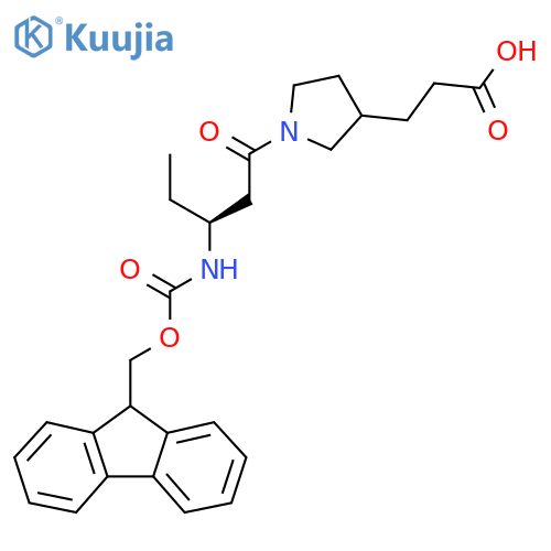 3-{1-(3S)-3-({(9H-fluoren-9-yl)methoxycarbonyl}amino)pentanoylpyrrolidin-3-yl}propanoic acid structure