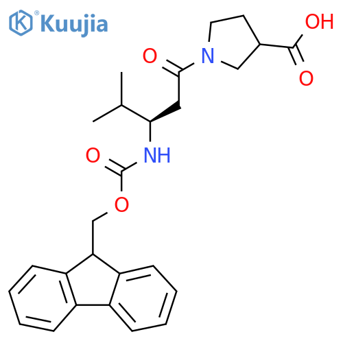 1-(3R)-3-({(9H-fluoren-9-yl)methoxycarbonyl}amino)-4-methylpentanoylpyrrolidine-3-carboxylic acid structure