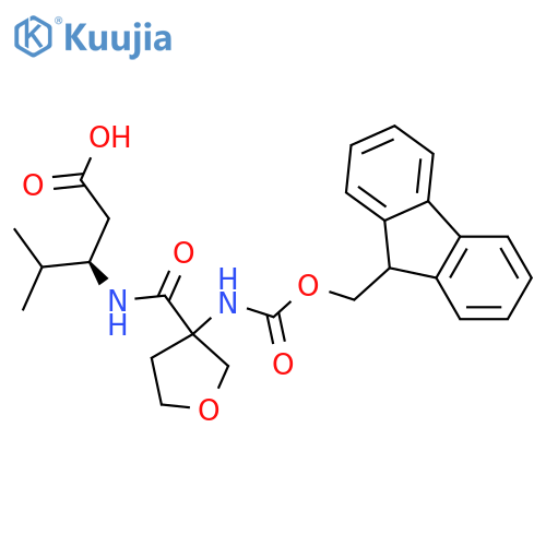 (3R)-3-{3-({(9H-fluoren-9-yl)methoxycarbonyl}amino)oxolan-3-ylformamido}-4-methylpentanoic acid structure
