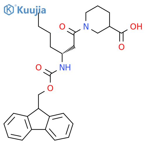 1-(3R)-3-({(9H-fluoren-9-yl)methoxycarbonyl}amino)heptanoylpiperidine-3-carboxylic acid structure