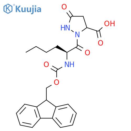 2-(2S)-2-({(9H-fluoren-9-yl)methoxycarbonyl}amino)hexanoyl-5-oxopyrazolidine-3-carboxylic acid structure